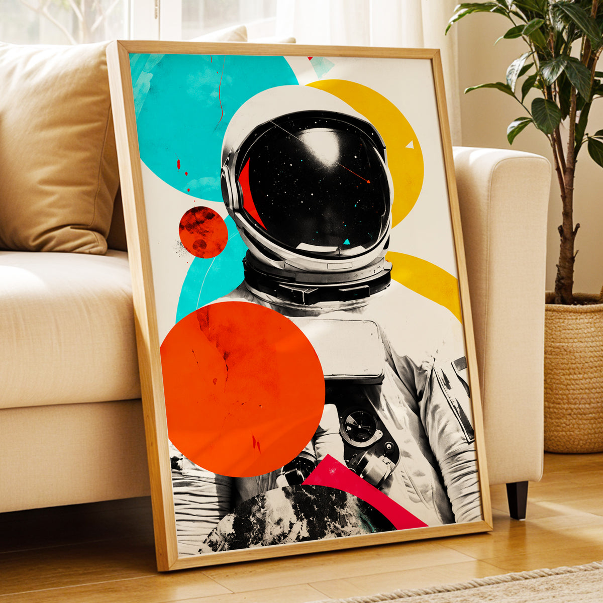 Cosmic Orbit, white, black, orange abstract wall art displayed in a styled interior, gallery view 4