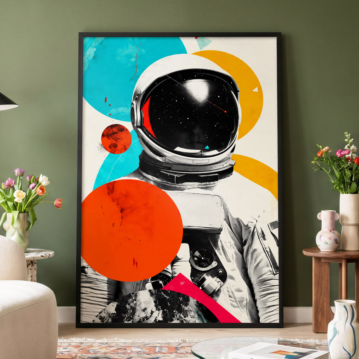 Cosmic Orbit, white, black, orange abstract wall art displayed in a styled interior, gallery view 5