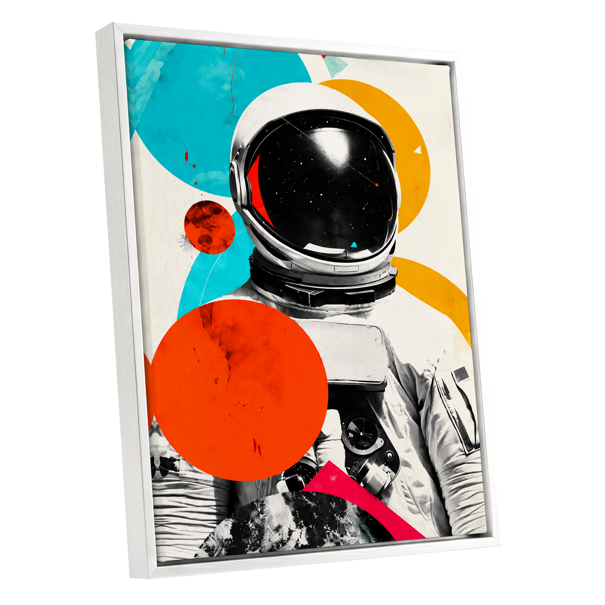 Cosmic Orbit, white, black, orange abstract wall art shown as a white framed canvas wall art
