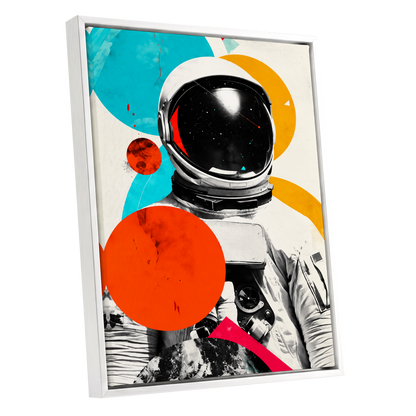 Cosmic Orbit, white, black, orange abstract wall art shown as a white framed canvas wall art
