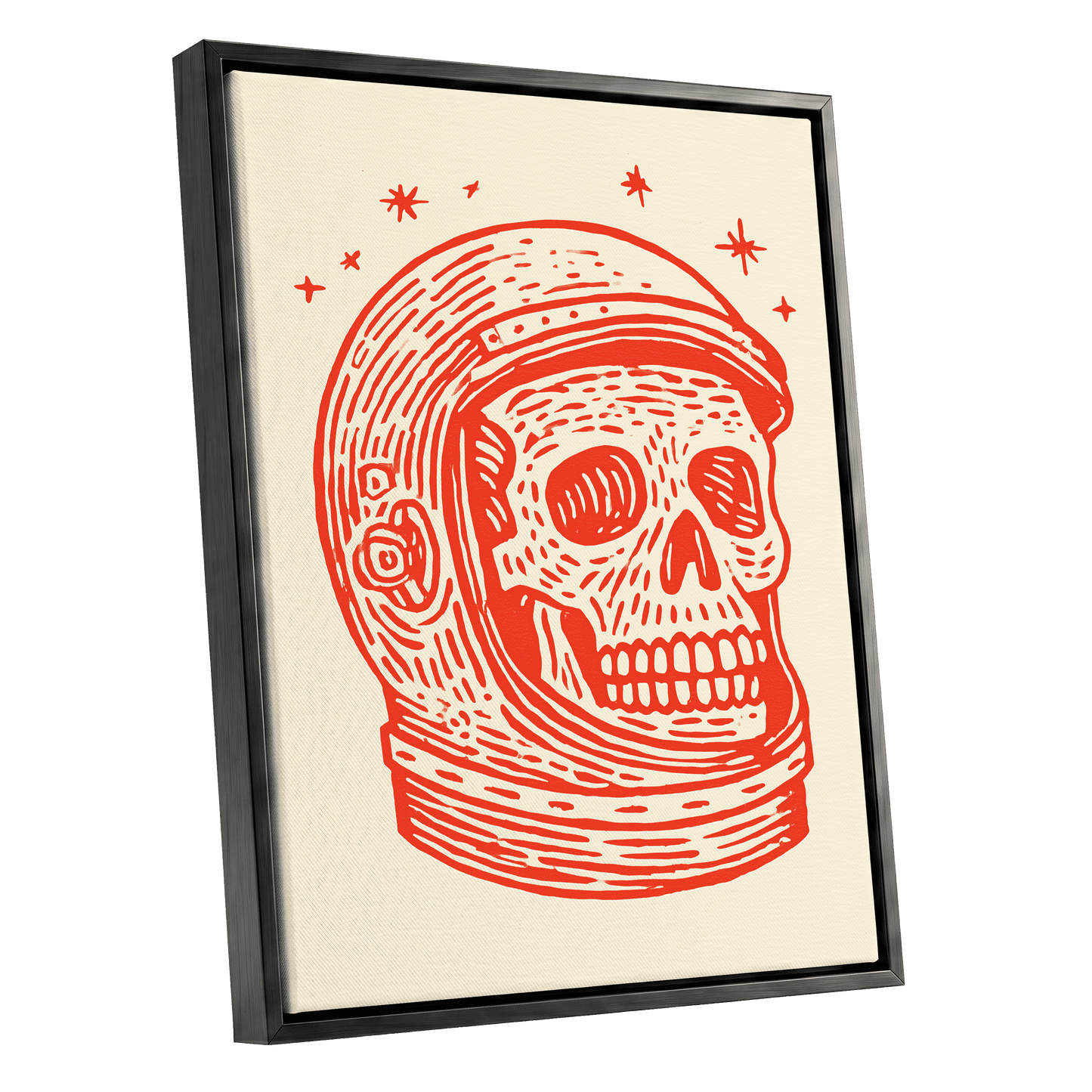 Cosmic Skull Explorer, red, orange, beige minimalist wall art shown as a black framed canvas wall art