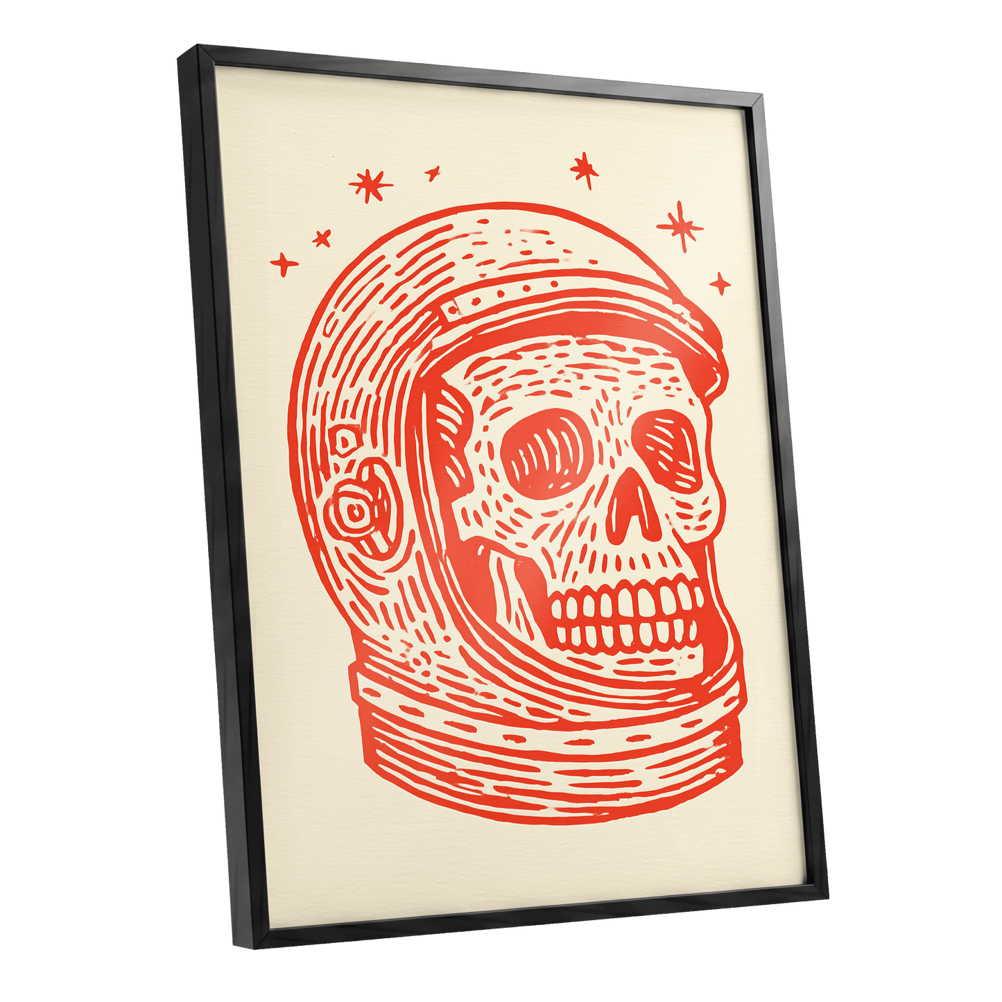 Cosmic Skull Explorer, red, orange, beige minimalist wall art shown as a black framed poster wall art print