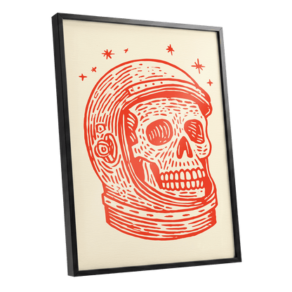Cosmic Skull Explorer, red, orange, beige minimalist wall art shown as a black framed poster wall art print