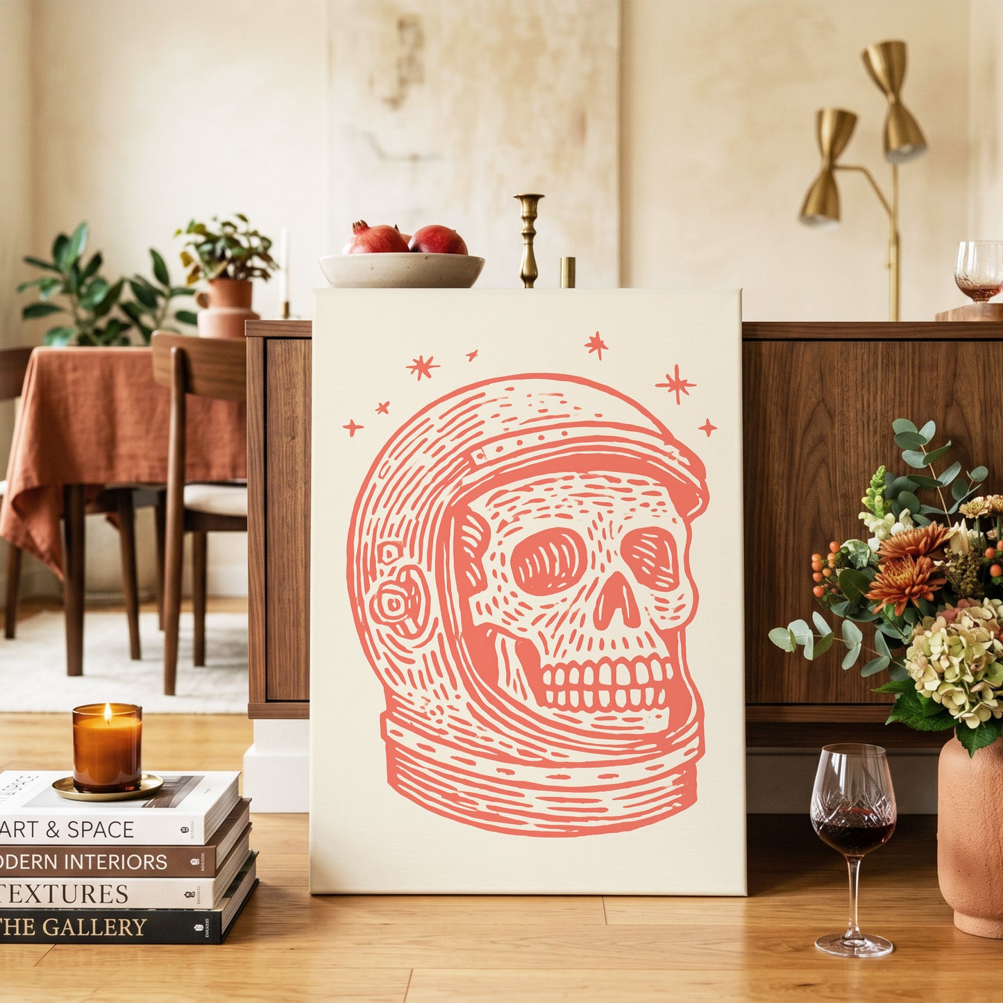 Cosmic Skull Explorer, red, orange, beige minimalist wall art on canvas displayed in a styled interior, gallery view 2