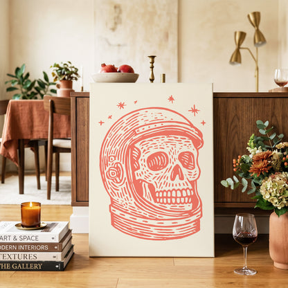 Cosmic Skull Explorer, red, orange, beige minimalist wall art on canvas displayed in a styled interior, gallery view 2