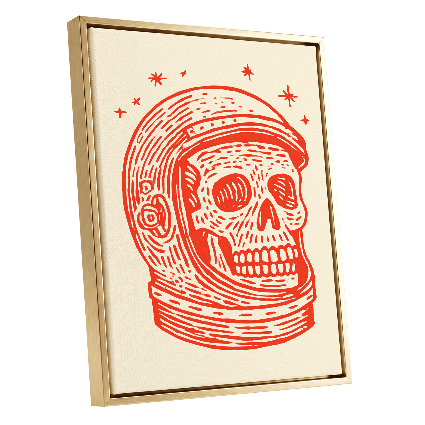 Cosmic Skull Explorer, red, orange, beige minimalist wall art shown as a gold framed canvas wall art