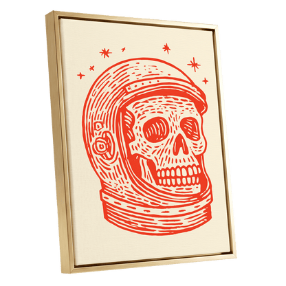 Cosmic Skull Explorer, red, orange, beige minimalist wall art shown as a gold framed canvas wall art