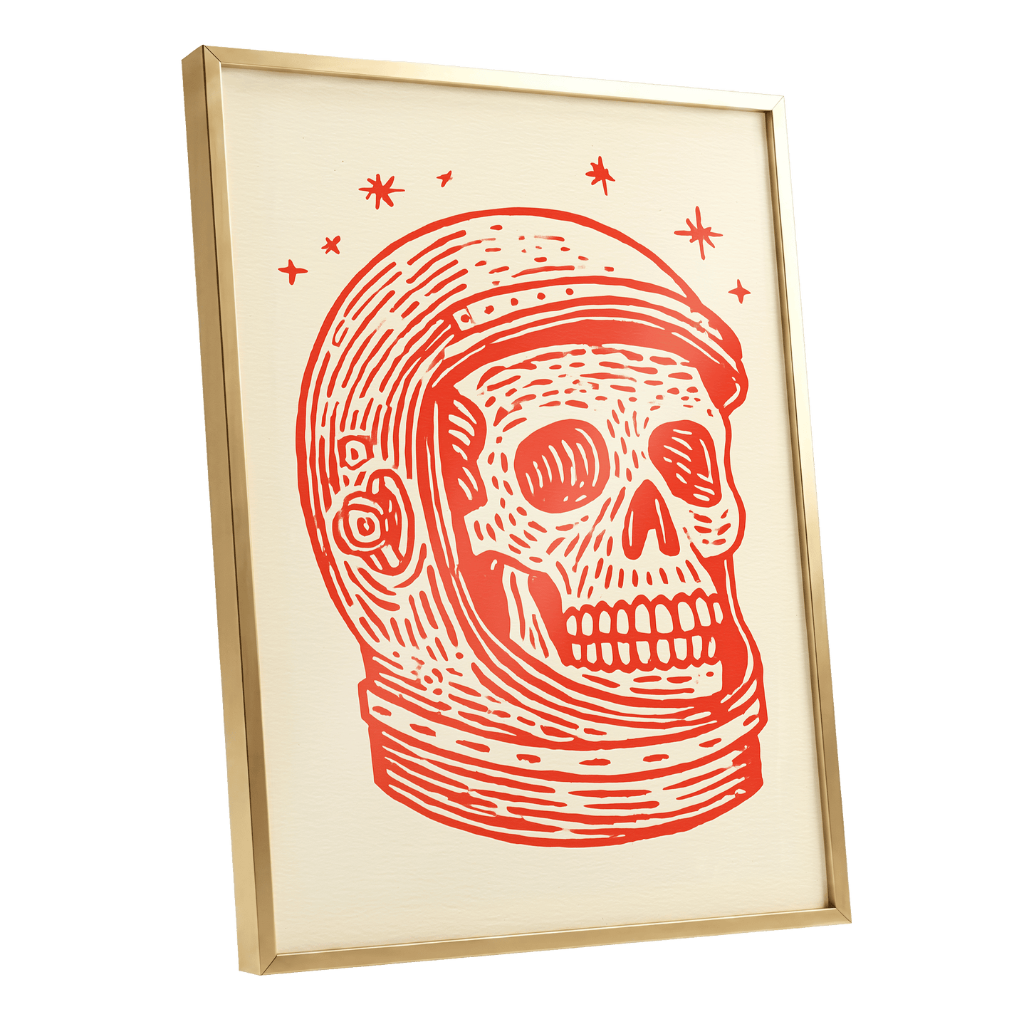 Cosmic Skull Explorer, red, orange, beige minimalist wall art shown as a gold framed poster wall art print