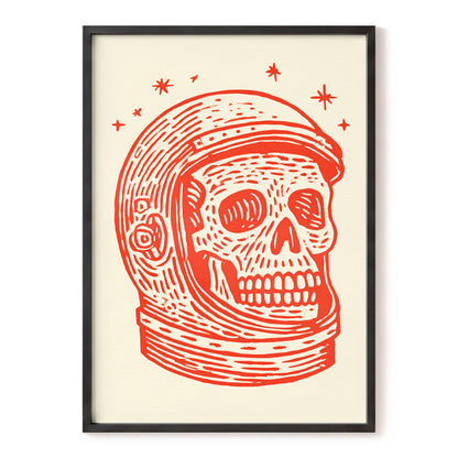 Cosmic Skull Explorer, red, orange, beige minimalist wall art, front artwork view