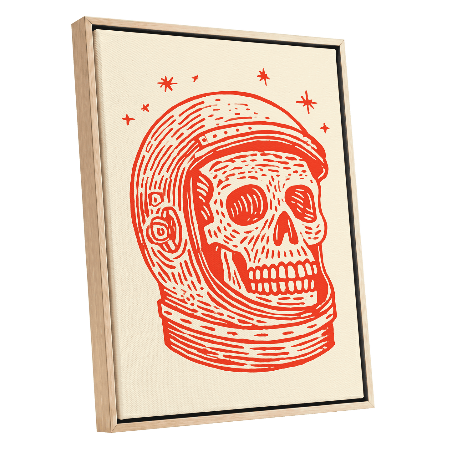 Cosmic Skull Explorer, red, orange, beige minimalist wall art shown as a oak framed canvas wall art
