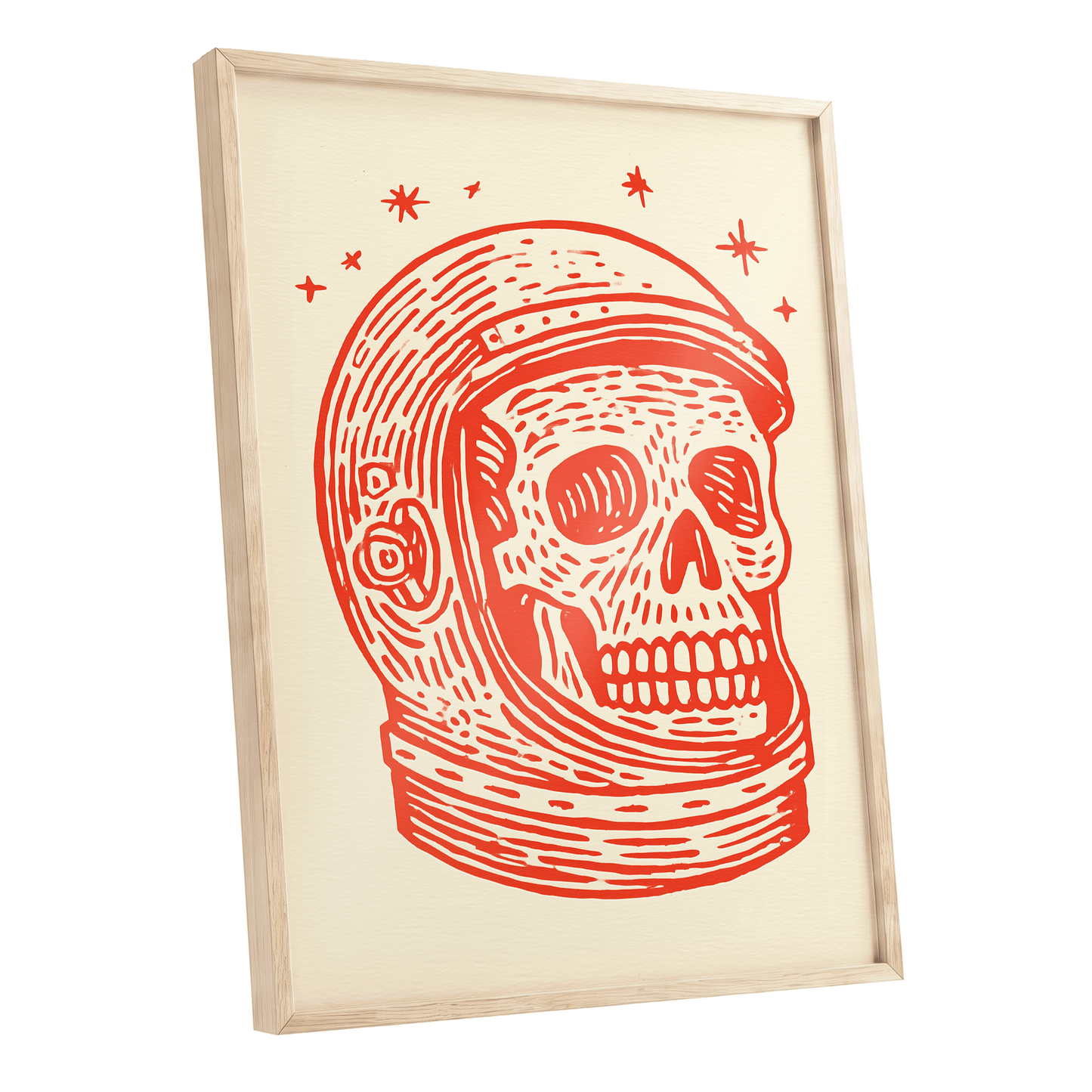 Cosmic Skull Explorer, red, orange, beige minimalist wall art shown as a oak framed poster wall art print