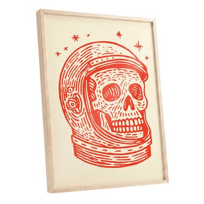 Cosmic Skull Explorer, red, orange, beige minimalist wall art shown as a oak framed poster wall art print