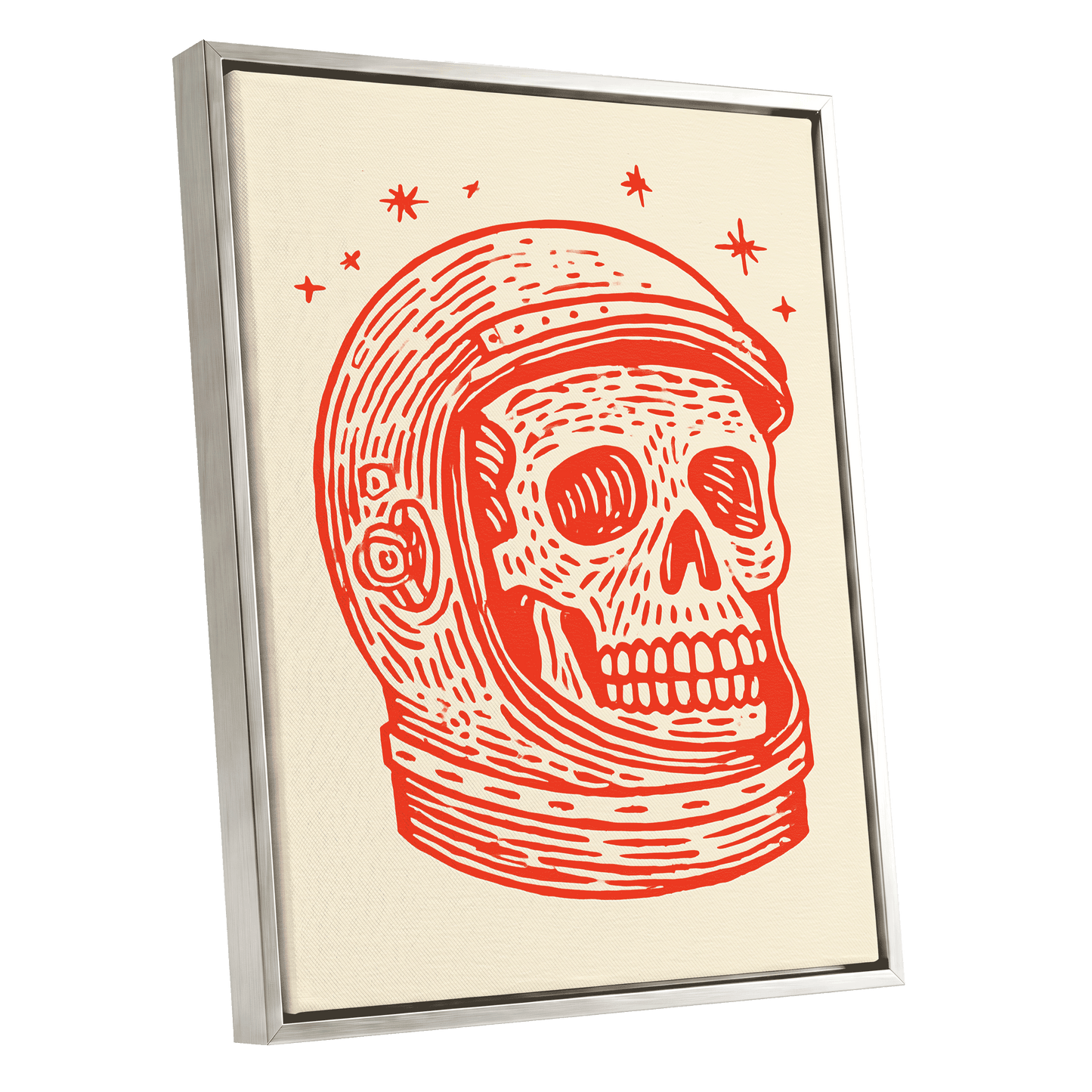 Cosmic Skull Explorer, red, orange, beige minimalist wall art shown as a silver framed canvas wall art