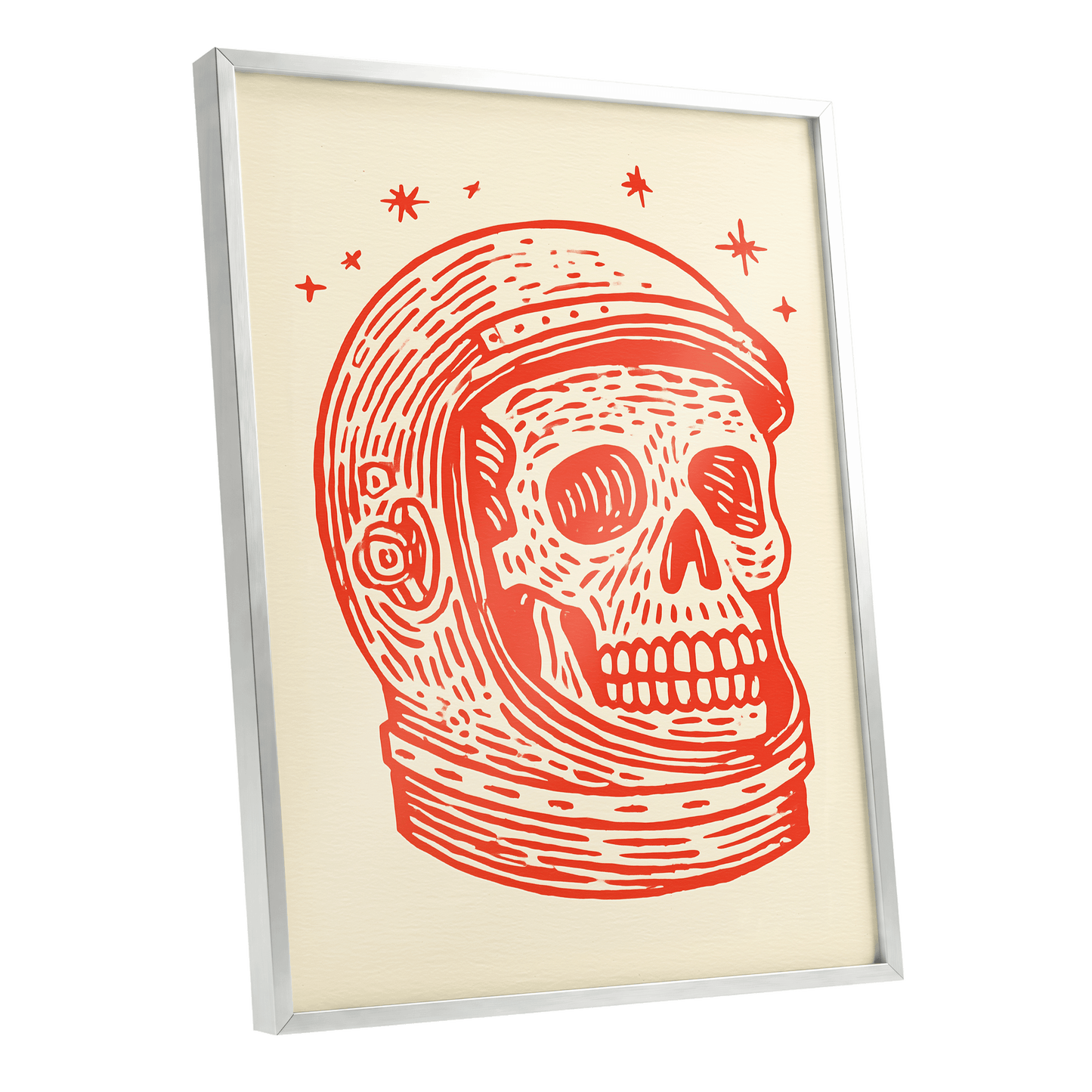 Cosmic Skull Explorer, red, orange, beige minimalist wall art shown as a silver framed poster wall art print