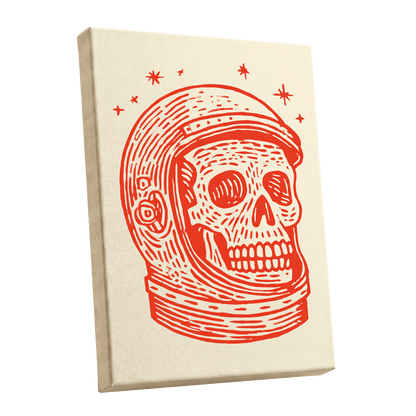 Cosmic Skull Explorer, red, orange, beige minimalist wall art shown as a stretched canvas wall art