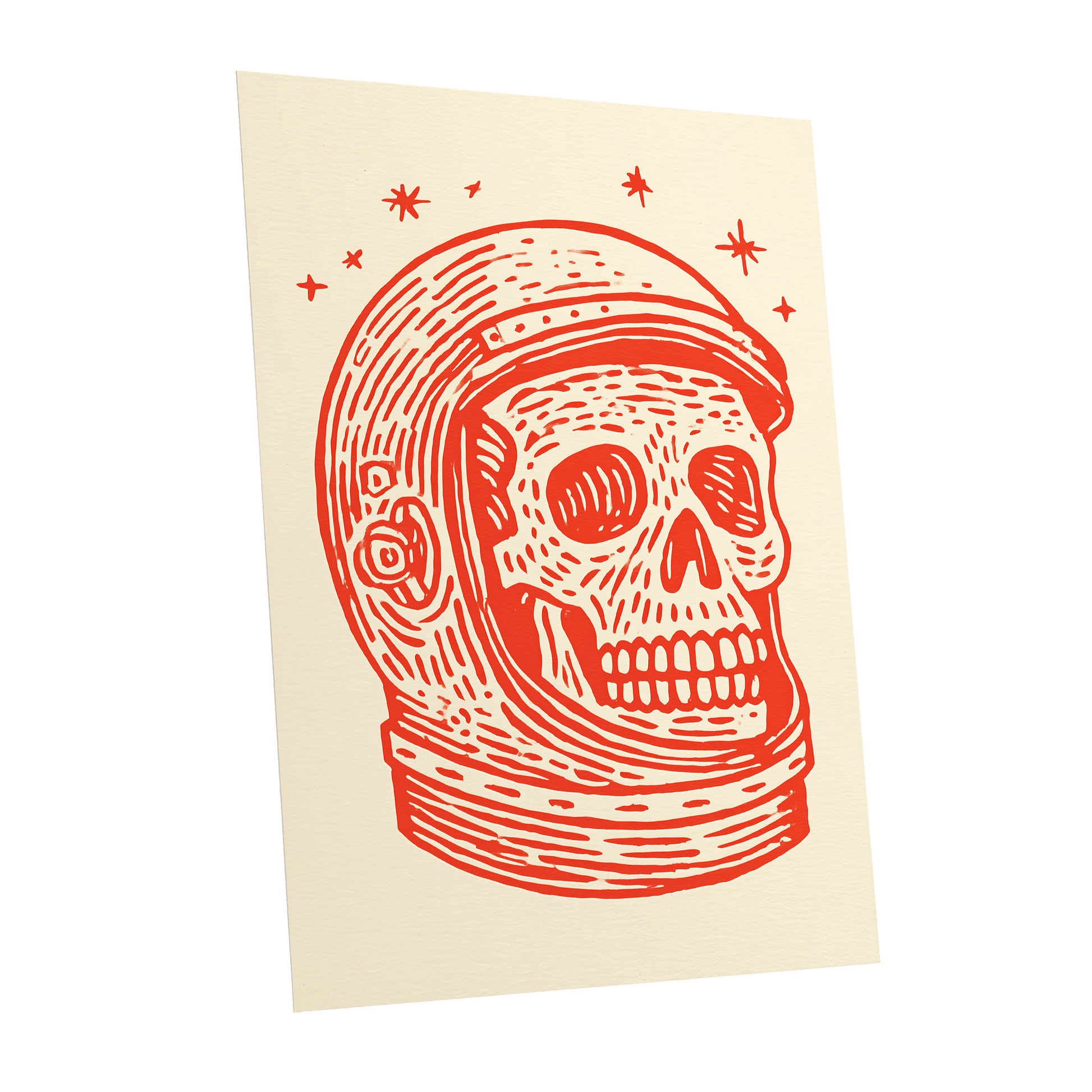 Cosmic Skull Explorer, red, orange, beige minimalist wall art shown as a unframed poster wall art print