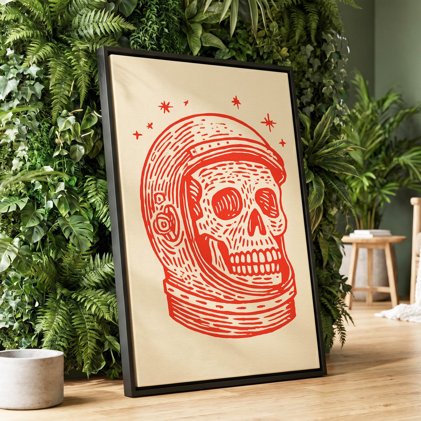 Cosmic Skull Explorer, red, orange, beige minimalist wall art displayed in a styled interior, gallery view 1