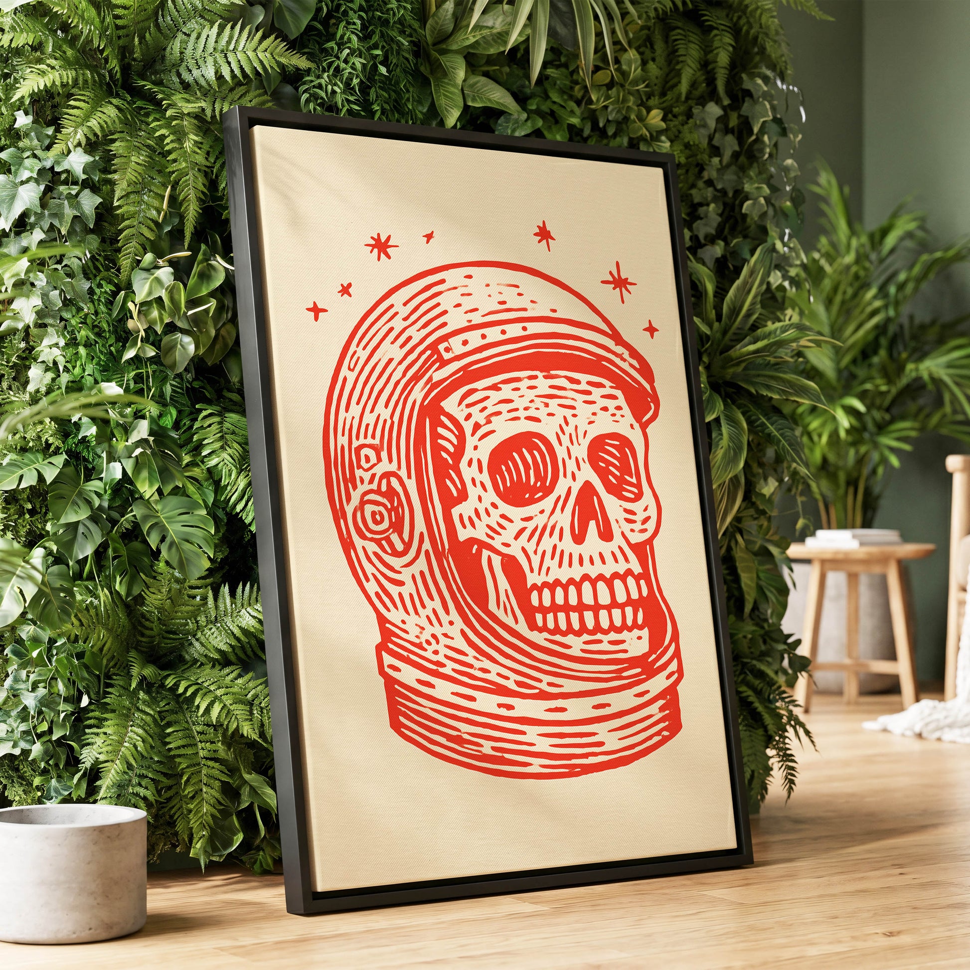 Cosmic Skull Explorer, red, orange, beige minimalist wall art displayed in a styled interior, gallery view 1