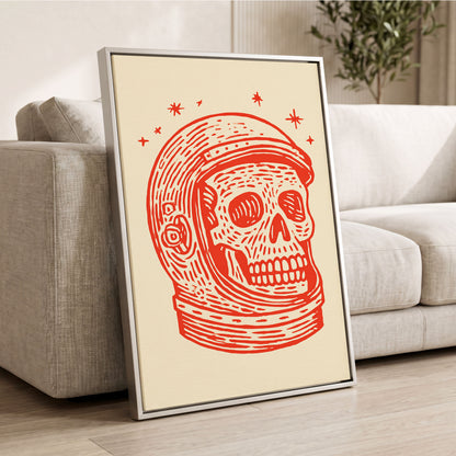 Cosmic Skull Explorer, red, orange, beige minimalist wall art displayed in a styled interior, gallery view 2