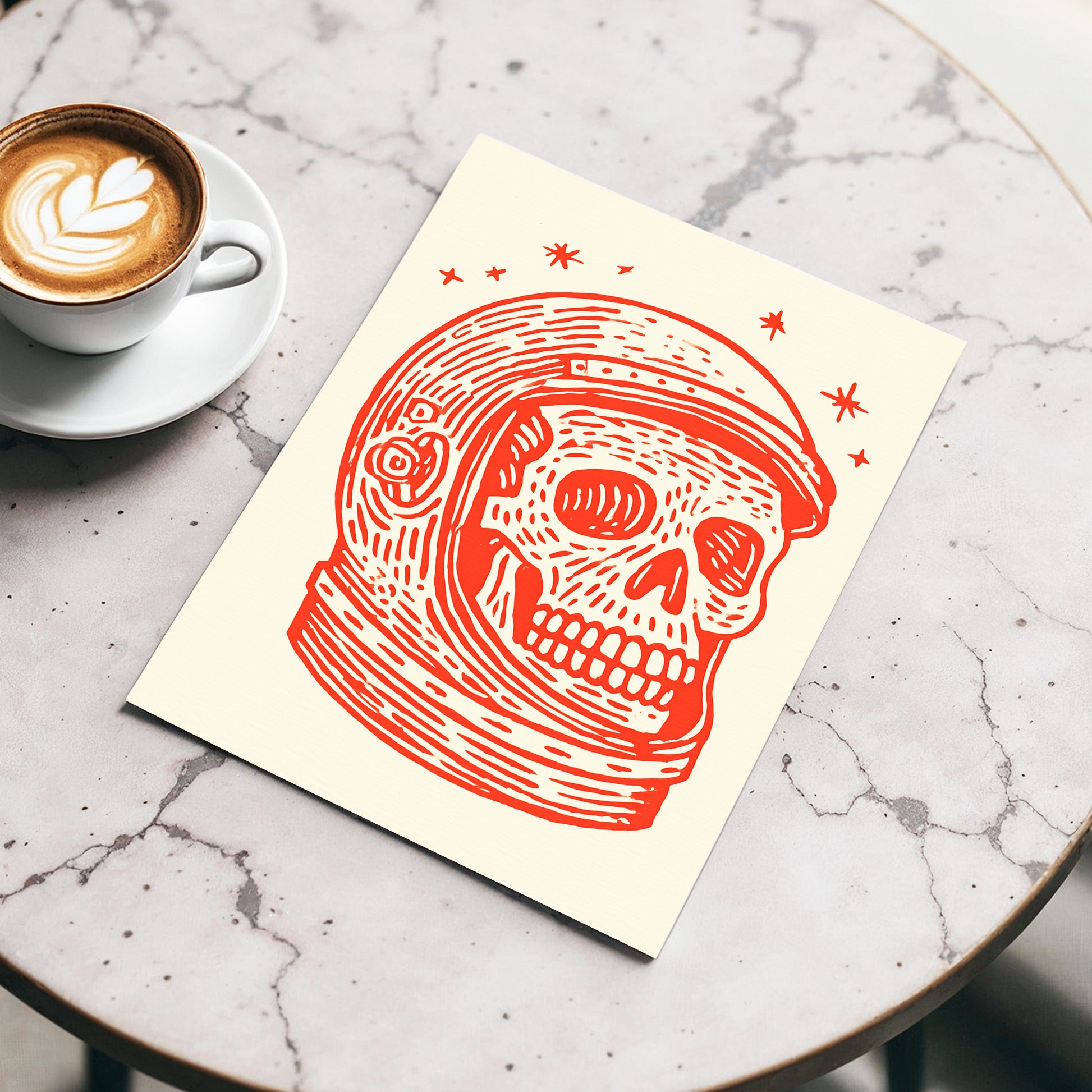 Cosmic Skull Explorer, red, orange, beige minimalist wall art displayed in a styled interior, gallery view 3
