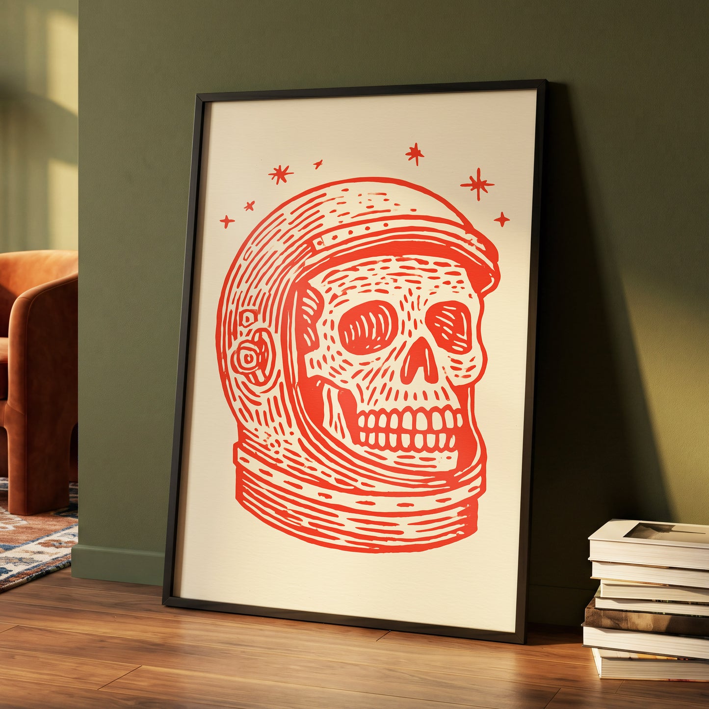 Cosmic Skull Explorer, red, orange, beige minimalist wall art displayed in a styled interior, gallery view 4