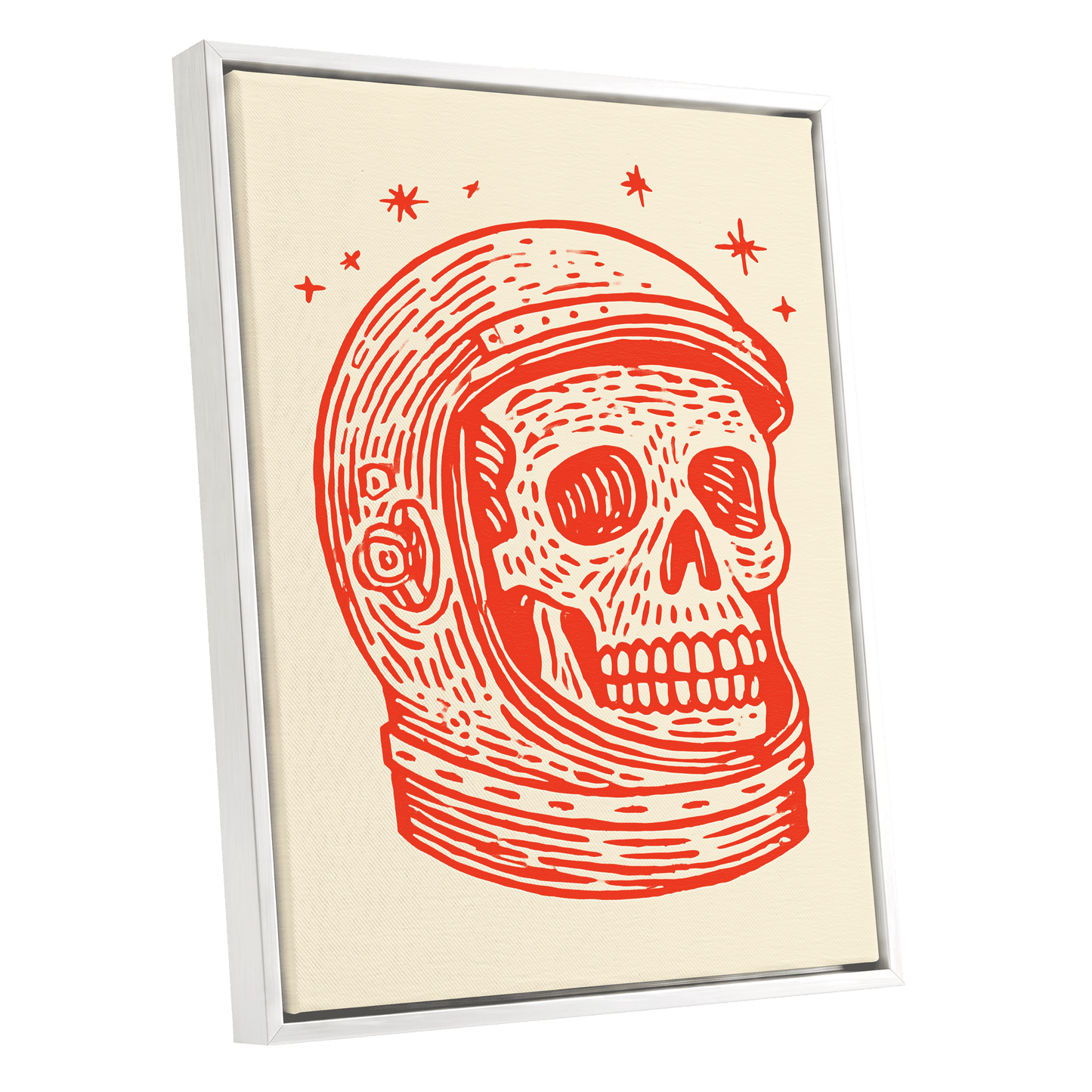 Cosmic Skull Explorer, red, orange, beige minimalist wall art shown as a white framed canvas wall art