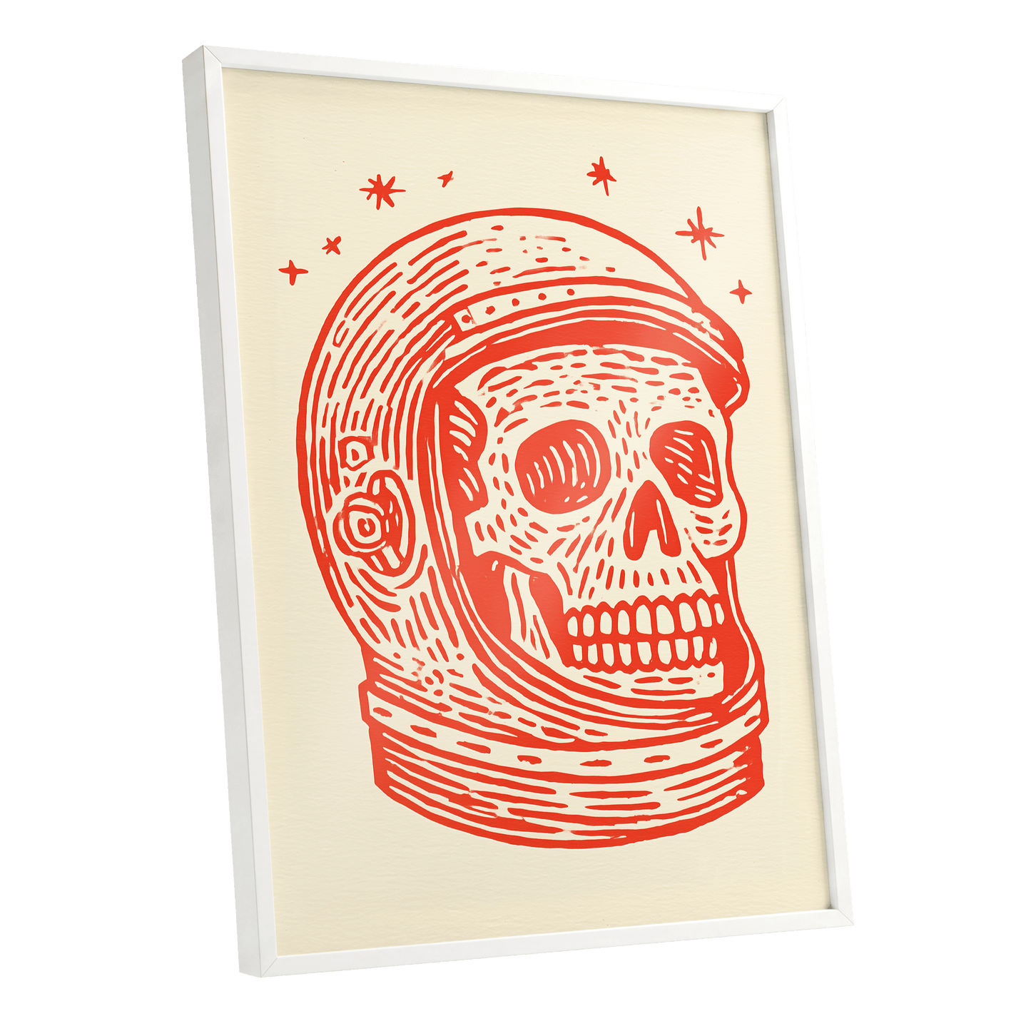 Cosmic Skull Explorer, red, orange, beige minimalist wall art shown as a white framed poster wall art print