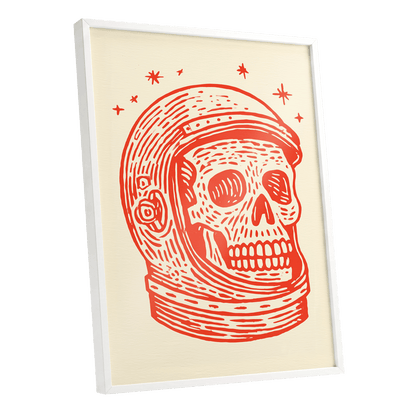 Cosmic Skull Explorer, red, orange, beige minimalist wall art shown as a white framed poster wall art print