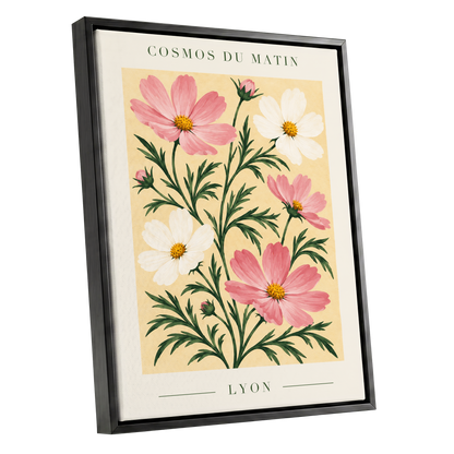Cosmos at First Light, pink, white, green floral wall art shown as a black framed canvas wall art