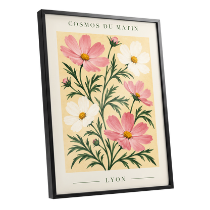 Cosmos at First Light, pink, white, green floral wall art shown as a black framed poster wall art print