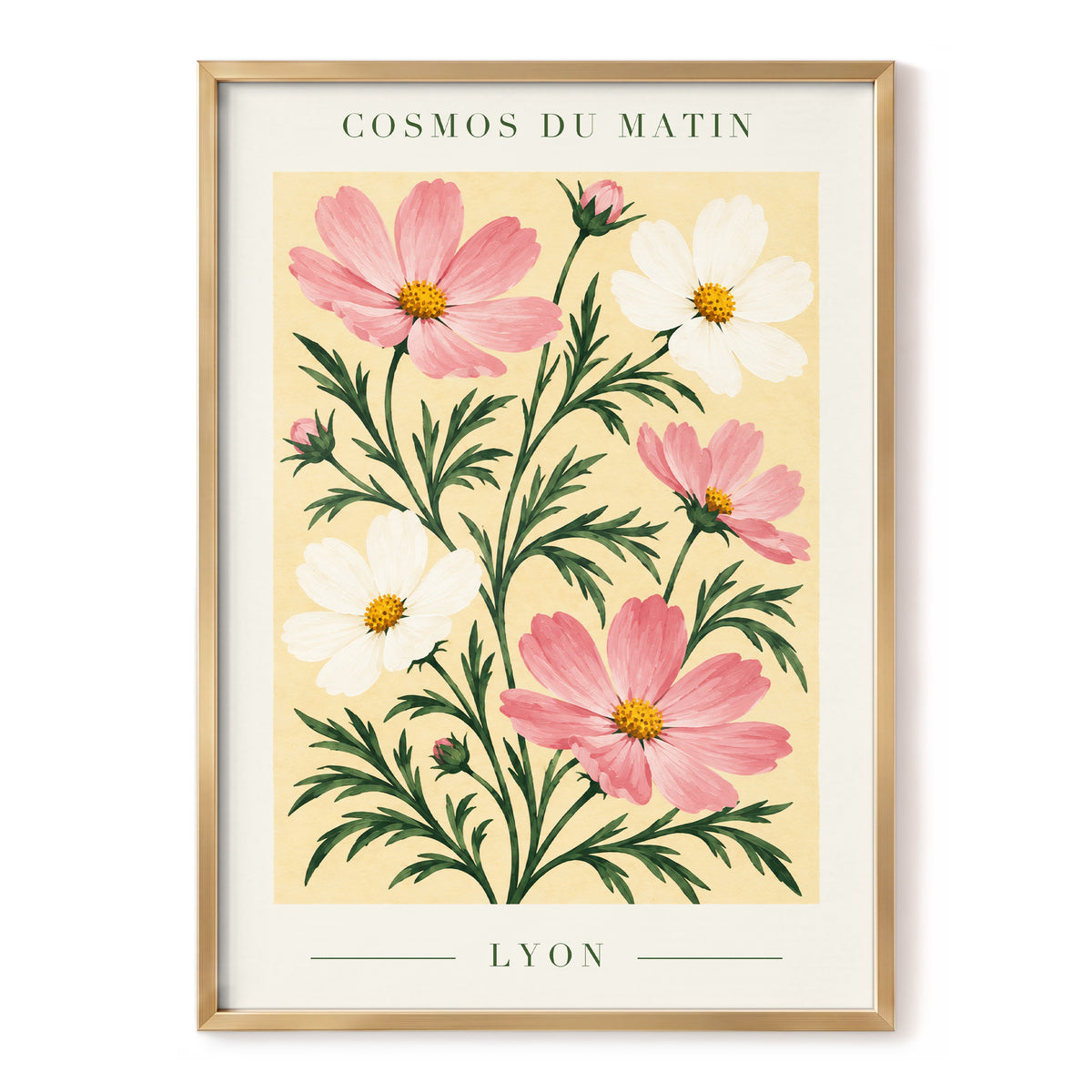 Cosmos at First Light, pink, white, green floral wall art, front artwork view