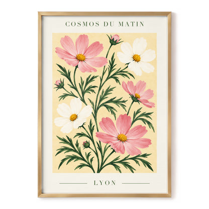 Cosmos at First Light, pink, white, green floral wall art, front artwork view