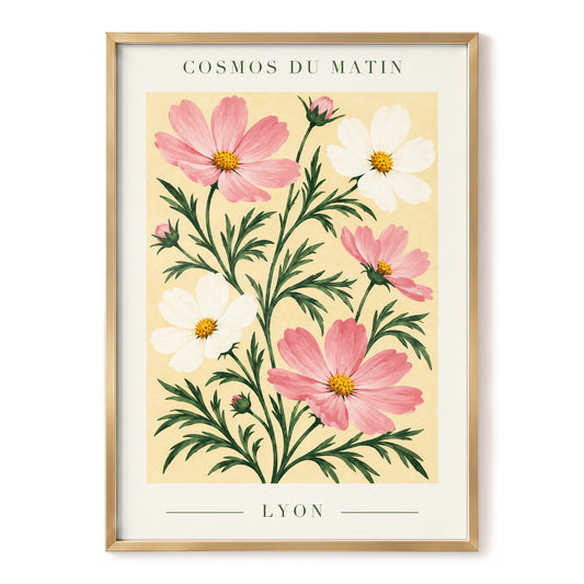 Cosmos at First Light, pink, white, green floral wall art, front artwork view