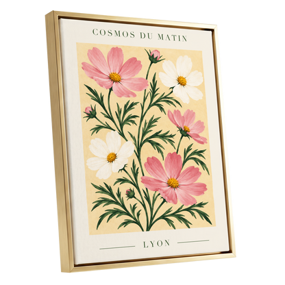 Cosmos at First Light, pink, white, green floral wall art shown as a gold framed canvas wall art