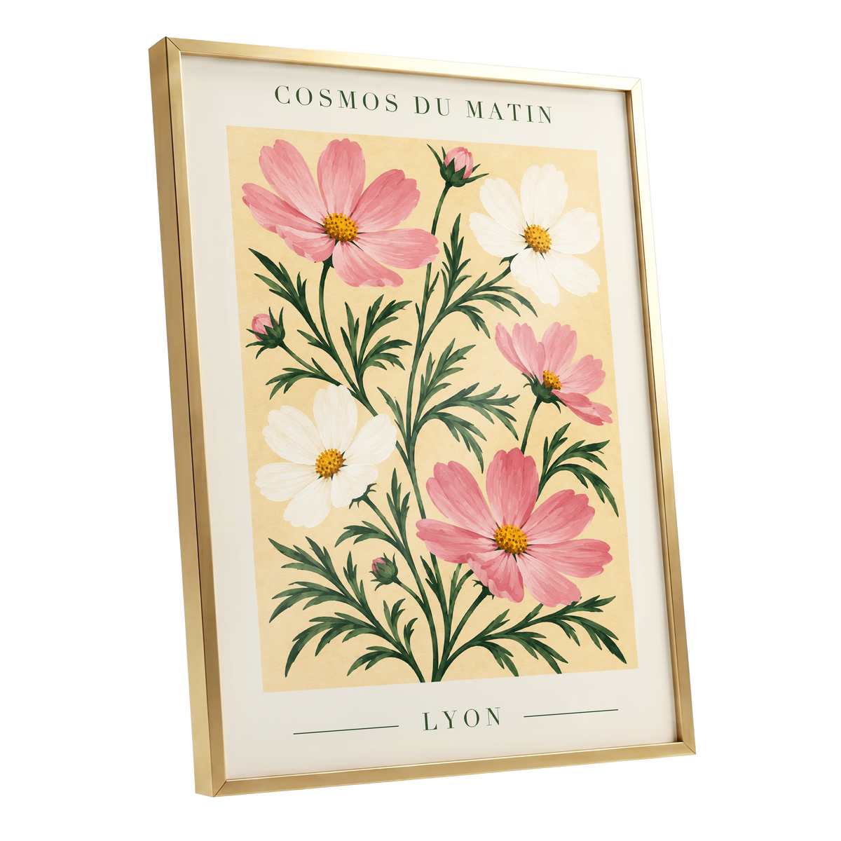 Cosmos at First Light, pink, white, green floral wall art shown as a gold framed poster wall art print