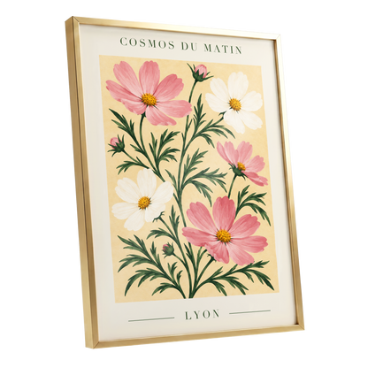 Cosmos at First Light, pink, white, green floral wall art shown as a gold framed poster wall art print