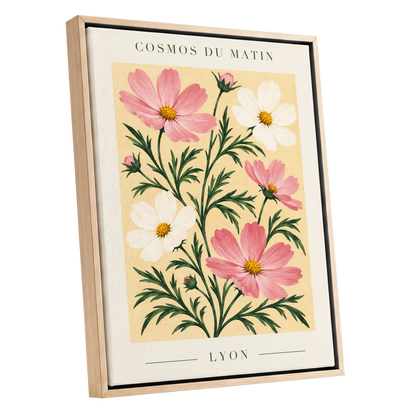 Cosmos at First Light, pink, white, green floral wall art shown as a oak framed canvas wall art