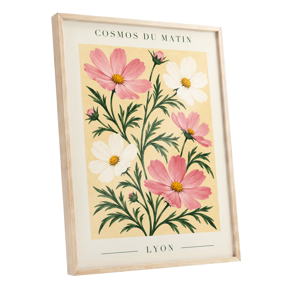 Cosmos at First Light, pink, white, green floral wall art shown as a oak framed poster wall art print