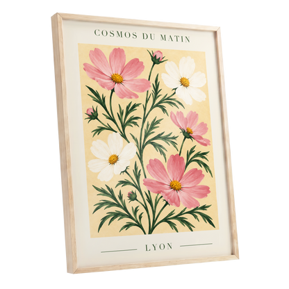 Cosmos at First Light, pink, white, green floral wall art shown as a oak framed poster wall art print