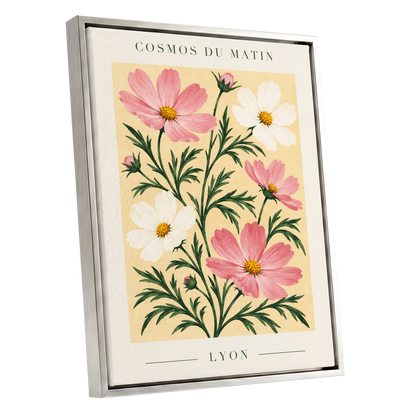 Cosmos at First Light, pink, white, green floral wall art shown as a silver framed canvas wall art
