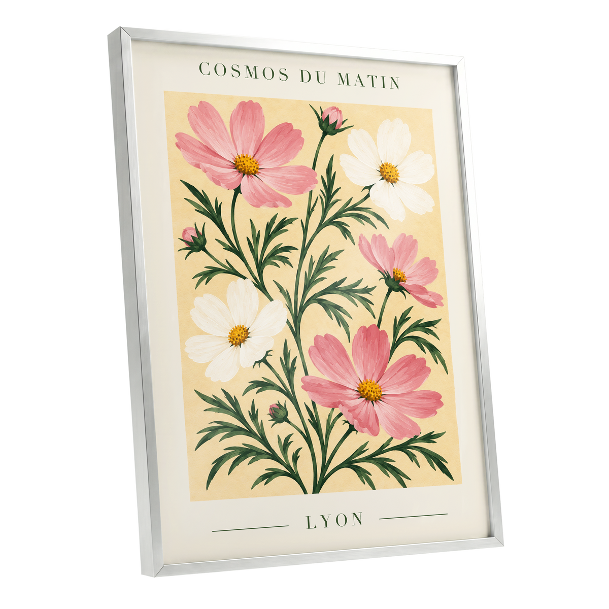 Cosmos at First Light, pink, white, green floral wall art shown as a silver framed poster wall art print