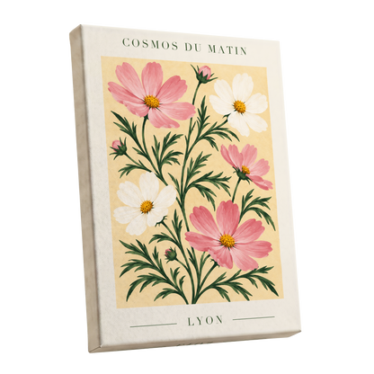 Cosmos at First Light, pink, white, green floral wall art shown as a stretched canvas wall art