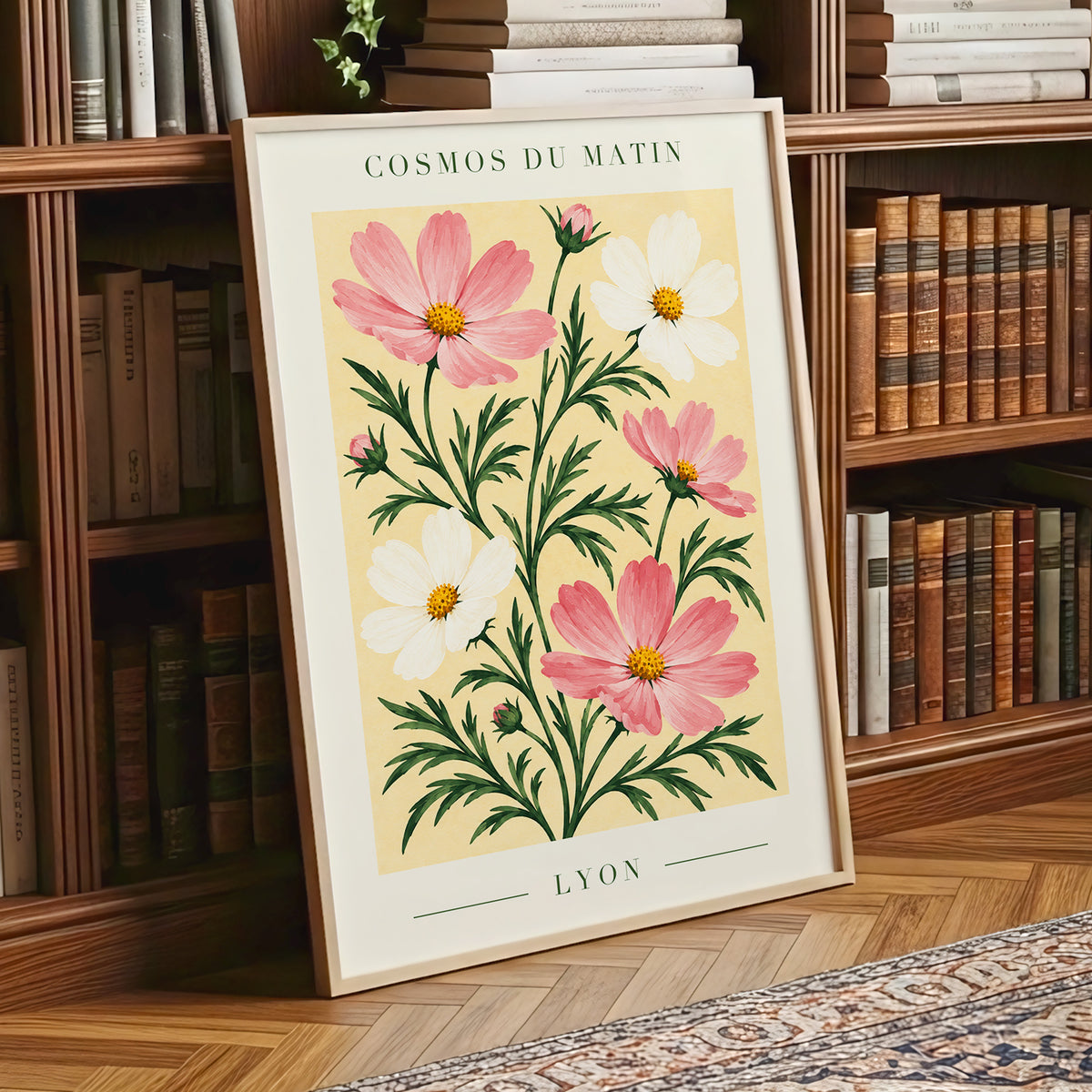 Cosmos at First Light, pink, white, green floral wall art displayed in a styled interior, gallery view 2