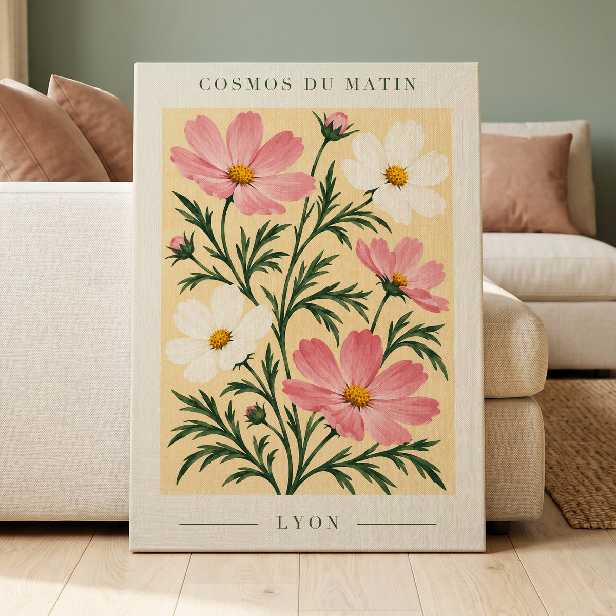 Cosmos at First Light, pink, white, green floral wall art displayed in a styled interior, gallery view 3