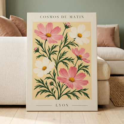 Cosmos at First Light, pink, white, green floral wall art displayed in a styled interior, gallery view 3