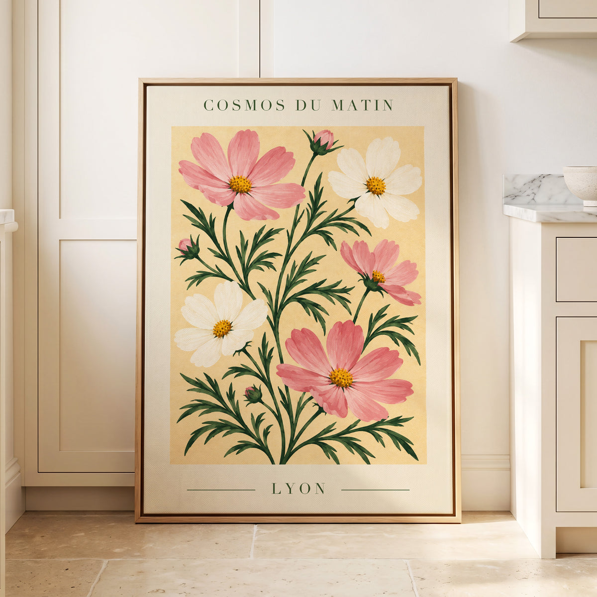 Cosmos at First Light, pink, white, green floral wall art displayed in a styled interior, gallery view 4