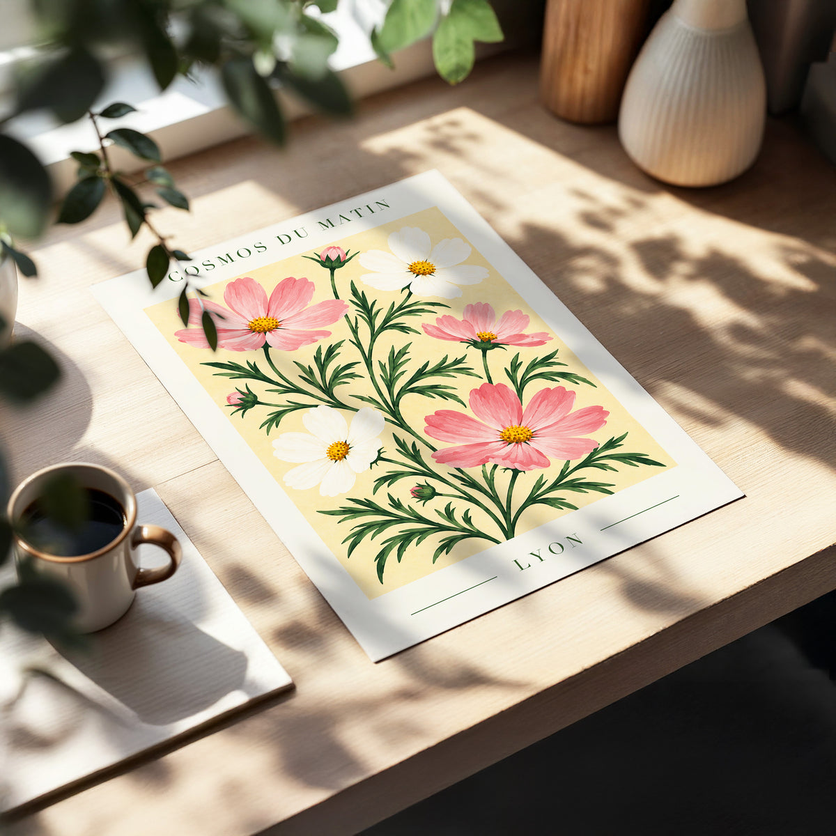 Cosmos at First Light, pink, white, green floral wall art displayed in a styled interior, gallery view 5
