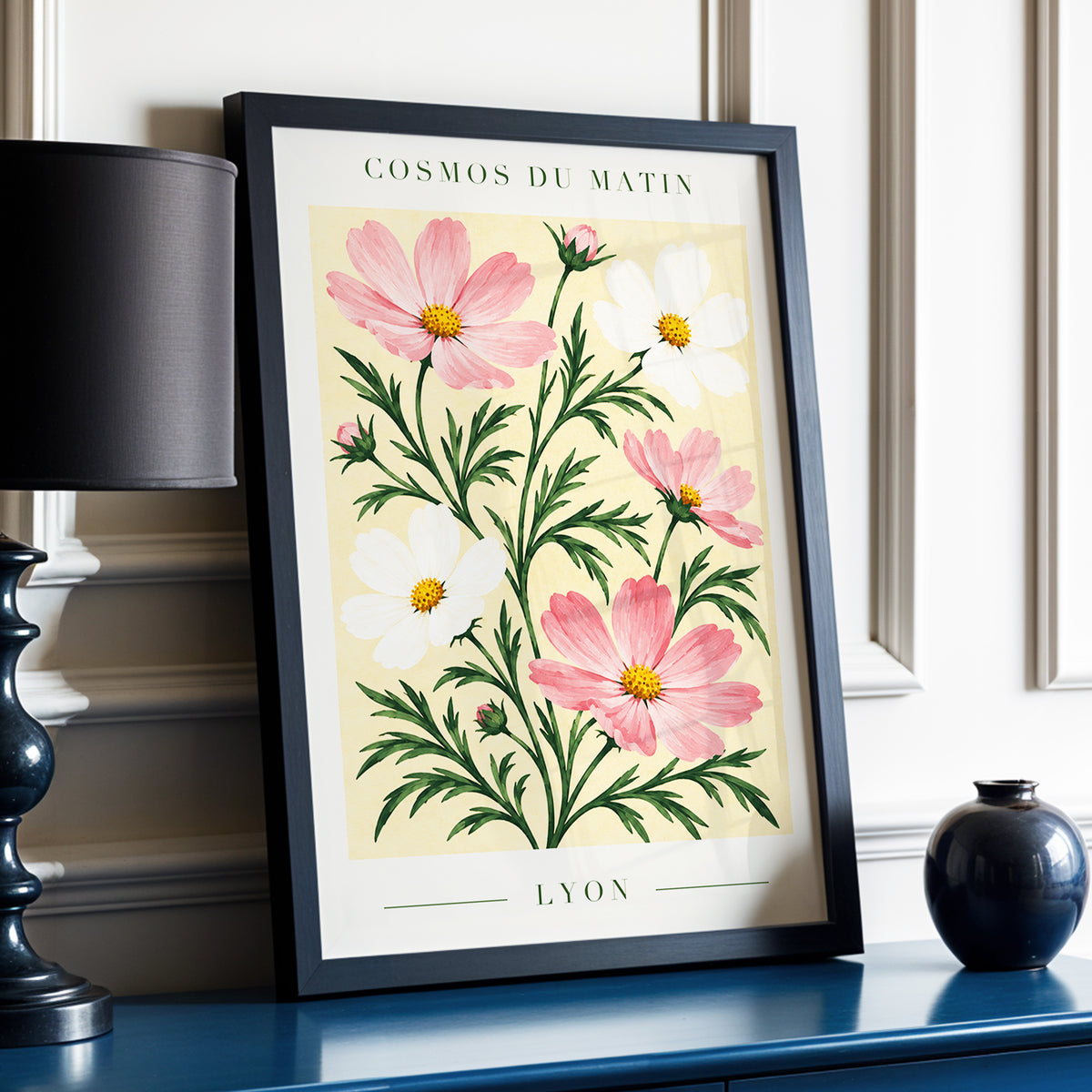 Cosmos at First Light, pink, white, green floral wall art displayed in a styled interior, gallery view 6