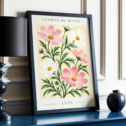 Cosmos at First Light, pink, white, green floral wall art displayed in a styled interior, gallery view 6