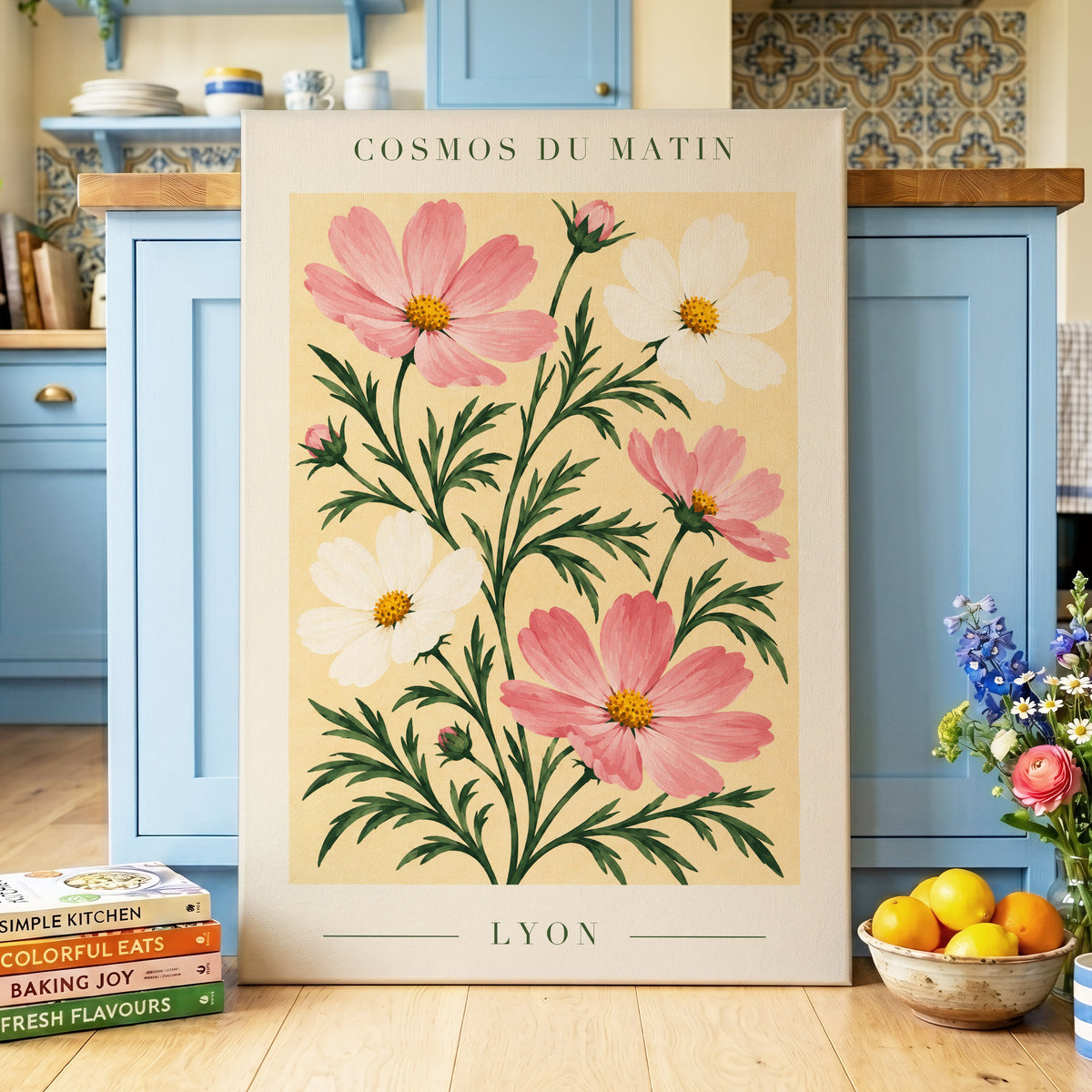 Cosmos at First Light, pink, white, green floral wall art displayed in a styled interior, gallery view 7